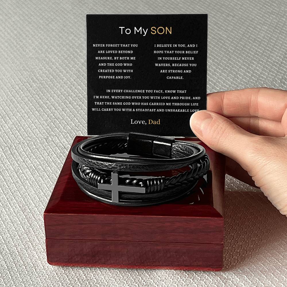 To My Son | Never Forget That You Are Loved Beyond Measure | Men's Cross Bracelet | Gift