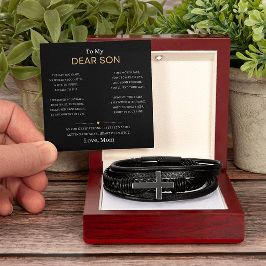 To My Dear Son | The Day You Came, My World Stood Still | Men's Cross Leather Bracelet | Gift