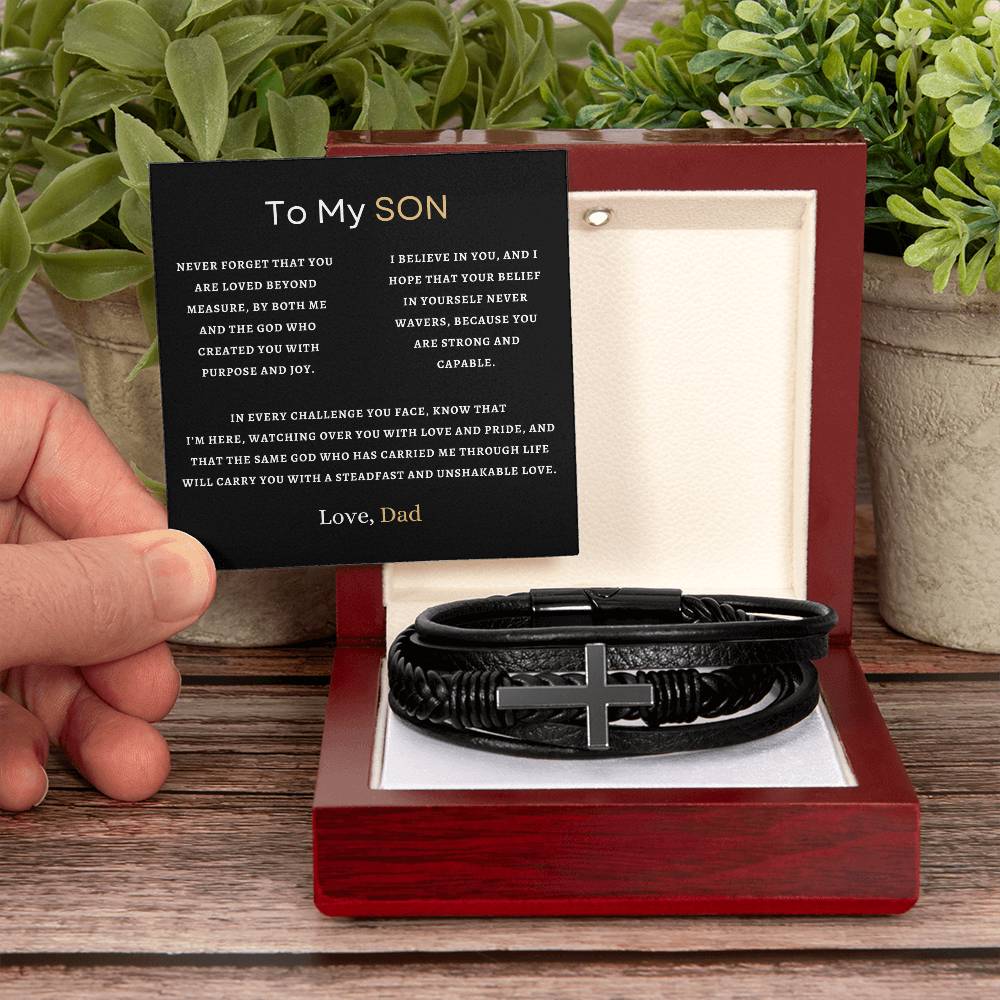 To My Son | Never Forget That You Are Loved Beyond Measure | Men's Cross Bracelet | Gift